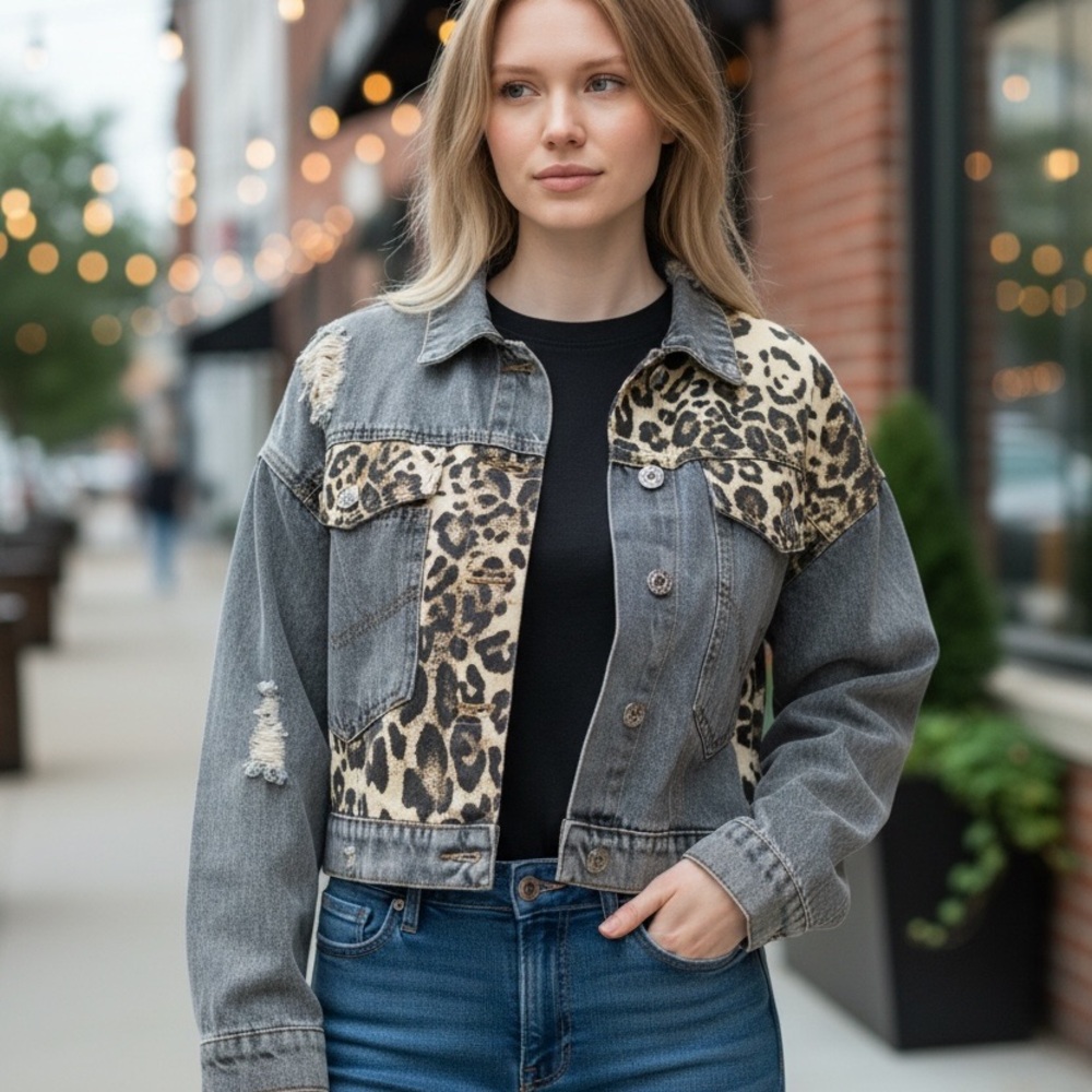 Leopard Patchwork Denim Jacket - Gray with Tan/Bl… - image 3